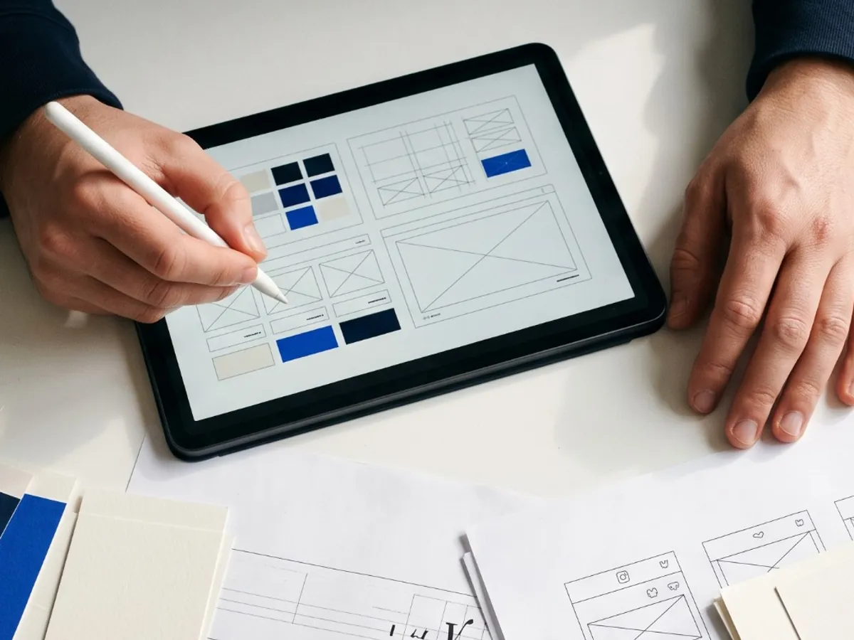 Hands sketching layouts on a tablet beside navy and blue colour swatches