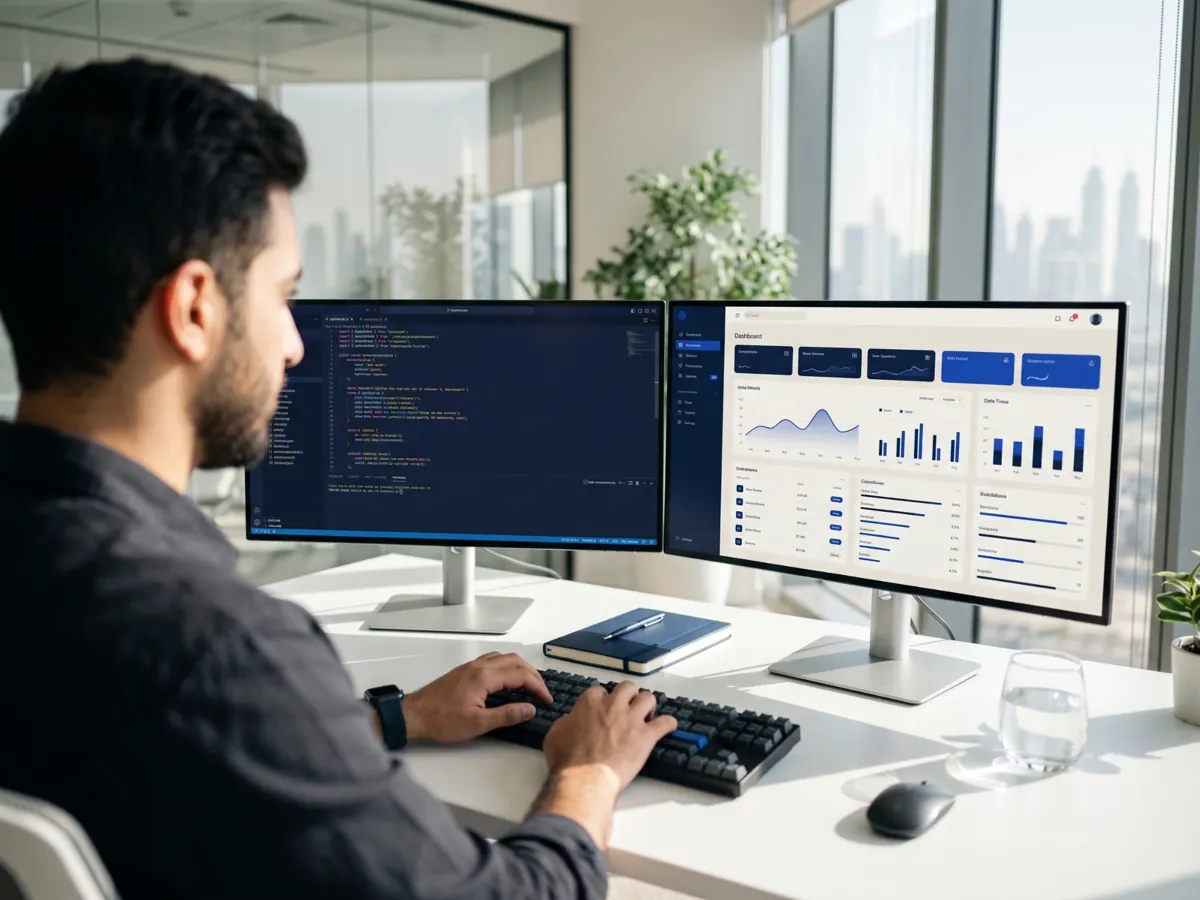 A developer at two monitors, code on one and a web dashboard on the other